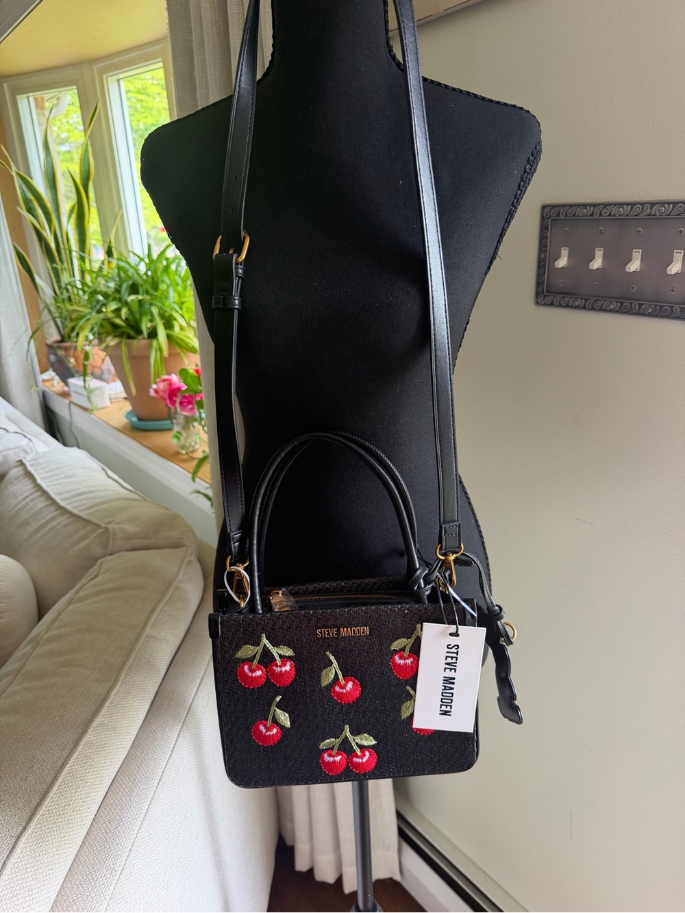 Steve Madden Black Mini Crossbody with Cherry Embroidery